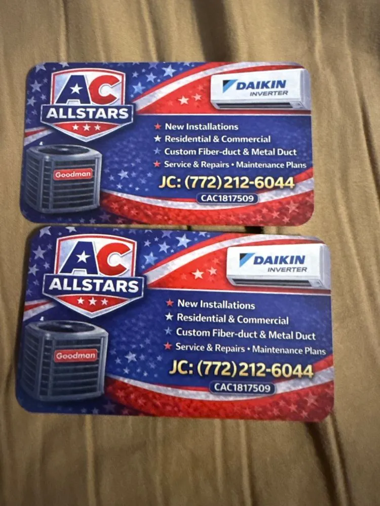 AC All Stars business cards showing license CAC1817509 and Daikin and Goodman equipment brands