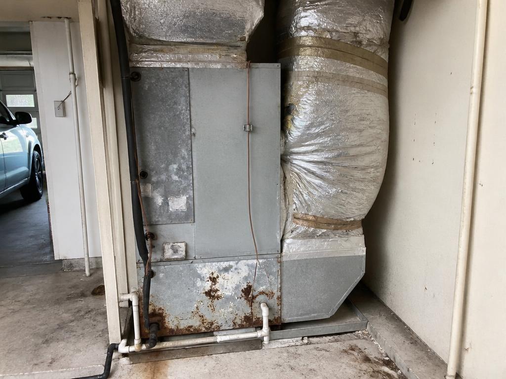 Old rusted indoor air handler with worn ductwork in a garage utility closet